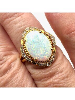 Opal Diamond Ring Gold Plated Sterling Silver Size 8 Signed DK